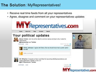 The Solution: MyRepresentatives!

   • Receive real time feeds from all your representatives
   • Agree, disagree and comm...