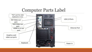 Computer Parts Label
“PS2” port for older
keyboard or mice
DVI Video out
port
VGA Video out
port
HDMI in or out
port
Ethernet Port
Power In
Graphics card
video out ports
USB 2.0 Ports
Keyboard
 