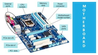 M
O
T
H
E
R
B
O
A
R
D
PCIe slot x16
PCI slots
PCIe slot x1
Memory
slots
Power
connector
SATA
ports
External
ports
CPU
sockets
Motherboard
model number
 