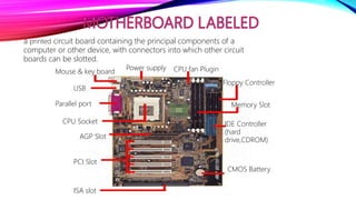 a printed circuit board containing the principal components of a
computer or other device, with connectors into which other circuit
boards can be slotted.
Mouse & key board
Power supply CPU fan Plugin
USB
Parallel port
CPU Socket
AGP Slot
PCI Slot
ISA slot
CMOS Battery
IDE Controller
(hard
drive,CDROM)
Memory Slot
Floppy Controller
 