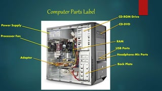 Computer Parts Label
Power Supply
Processor Fan
CD-DVD
USB Ports
Headphone/Mic Ports
CD-ROM Drive
Adapter
RAM
Back Plate
 