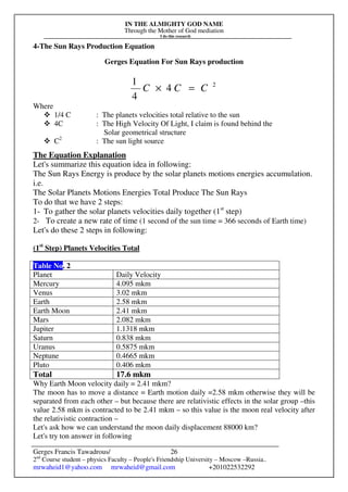 IN THE ALMIGHTY GOD NAME
Through the Mother of God mediation
I do this research
Gerges Francis Tawadrous/
2nd
Course student – physics Faculty – People's Friendship University – Moscow –Russia..
mrwaheid1@yahoo.com mrwaheid@gmail.com +201022532292
26
4-The Sun Rays Production Equation
Gerges Equation For Sun Rays production
2
4
4
1
CCC =×
Where
1/4 C : The planets velocities total relative to the sun
4C : The High Velocity Of Light, I claim is found behind the
Solar geometrical structure
C2
: The sun light source
The Equation Explanation
Let's summarize this equation idea in following:
The Sun Rays Energy is produce by the solar planets motions energies accumulation.
i.e.
The Solar Planets Motions Energies Total Produce The Sun Rays
To do that we have 2 steps:
1- To gather the solar planets velocities daily together (1st
step)
2- To create a new rate of time (1 second of the sun time = 366 seconds of Earth time)
Let's do these 2 steps in following:
(1st
Step) Planets Velocities Total
Table No. 2
Planet Daily Velocity
Mercury 4.095 mkm
Venus 3.02 mkm
Earth 2.58 mkm
Earth Moon 2.41 mkm
Mars 2.082 mkm
Jupiter 1.1318 mkm
Saturn 0.838 mkm
Uranus 0.5875 mkm
Neptune 0.4665 mkm
Pluto 0.406 mkm
Total 17.6 mkm
Why Earth Moon velocity daily = 2.41 mkm?
The moon has to move a distance = Earth motion daily =2.58 mkm otherwise they will be
separated from each other – but because there are relativistic effects in the solar group –this
value 2.58 mkm is contracted to be 2.41 mkm – so this value is the moon real velocity after
the relativistic contraction –
Let's ask how we can understand the moon daily displacement 88000 km?
Let's try ton answer in following
 