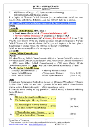 IN THE ALMIGHTY GOD NAME
Through the Mother of God mediation
I do this research
Gerges Francis Tawadrous/
2nd
Course student – physics Faculty – People's Friendship University – Moscow –Russia..
mrwaheid1@yahoo.com mrwaheid@gmail.com +201022532292
7
If (1) Distance = Energy (2) Jupiter sent the main energy
(3) Neptune reflected this main energy
So – Jupiter & Neptune Orbital distances (or circumferences) control the inner
planets orbital and internal distances… can that be true?! Let's try to answer..
Jupiter and Neptune orbital distances control the inner planets distances
I-Data
Group (I)
Neptune Orbital Distance 4495.1mkm =
= Earth Venus distance 41.4 x Venus orbital distance 108.2
= Mercury Orbital Distance 57.9 x Earth Mars distance 78.3
= Mercury venues distance 50.3 x Mercury Earth distance 91.7 (error 2.5%)
Why the inner planets orbital and internal distances multiplications produce Neptune
Orbital Distance – Because the distance is Energy – and Neptune is the inner planets
direct source of Energy because he reflected the Energy toward them.
I wish we have more confidence in our argument…
Group (II)
Jupiter Orbital Circumference
(Part 1)
360 mkm (Mercury Orbital Circumference) + 680 mkm (Venus Orbital Circumference)
+ 940 mkm (Earth Orbital Circumference) + 1433.5 mkm (Mars Orbital Circumference)
+ 1433.5 mkm (Mars Orbital Circumference) = 4900 mkm (Jupiter Orbital
Circumference) (error 1%) (Note – We Use Mars Orbital Circumference 2 Times)
(Part 2) Jupiter Orbital Distance
- Mercury Orbital Distance x 2 = Mercury Jupiter Distance
- Venus Orbital Distance =Venus Jupiter Distance (Error 1.5%)
- Earth Orbital Distance =Earth Jupiter Distance (Error 1.3%)
(Note
1- (Earth and Jupiter are at 2 sides from the sun i.e. 940mkm=778.6mkm+149.6mkm)
2- (Data Part 2 tells that the inner 3 planets define their orbital circumferences
relative to their distances to Jupiter – which supports our claim)
3- Mercury moves during his day period (= 2 orbital period) a distance =Mercury
Jupiter Distance
(Part 3)
1. 0725.1
distanceMercuryJupitermkm720.3
DistanceOrbitalJuppitermkm6.778
= (0.7%)
2. 1.0725
DistanceVenusJupitermkm670
distanceMercuryJupitermkm720.3
= (No Error)
3. 1.0725
DistanceEarthJupitermkm629
DistanceVenusJupitermkm670
= (0.6%)
 