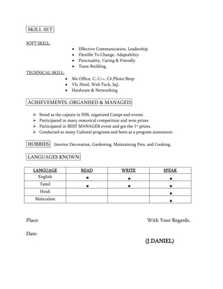 SKILL SET:

SOFT SKILL:
                            Effective Communication, Leadership
                            Flexible To Change, Adaptability
                            Punctuality, Caring & Friendly
                            Team Building.
TECHNICAL SKILL:
                         Ms-Office, C, C++, C#,Photo Shop
                         Vb, Html, Web Tech, Sql,
                         Hardware & Networking

ACHIEVEMENTS, ORGANISED & MANAGED:

        Stood as the captain in NSS, organized Camps and events
        Participated in many oratorical competition and won prizes
        Participated in BEST MANAGER event and got the 1st prizes.
        Conducted so many Cultural programs and been as a program announcer.

HOBBIES: Interior Decoration, Gardening, Maintaining Pets, and Cooking.

LANGUAGES KNOWN:

   LANGUAGE                   READ                WRITE                 SPEAK
     English
         Tamil
         Hindi
    Malayalam



Place:                                                         With Your Regards,

Date:
                                                              (J.DANIEL)
 