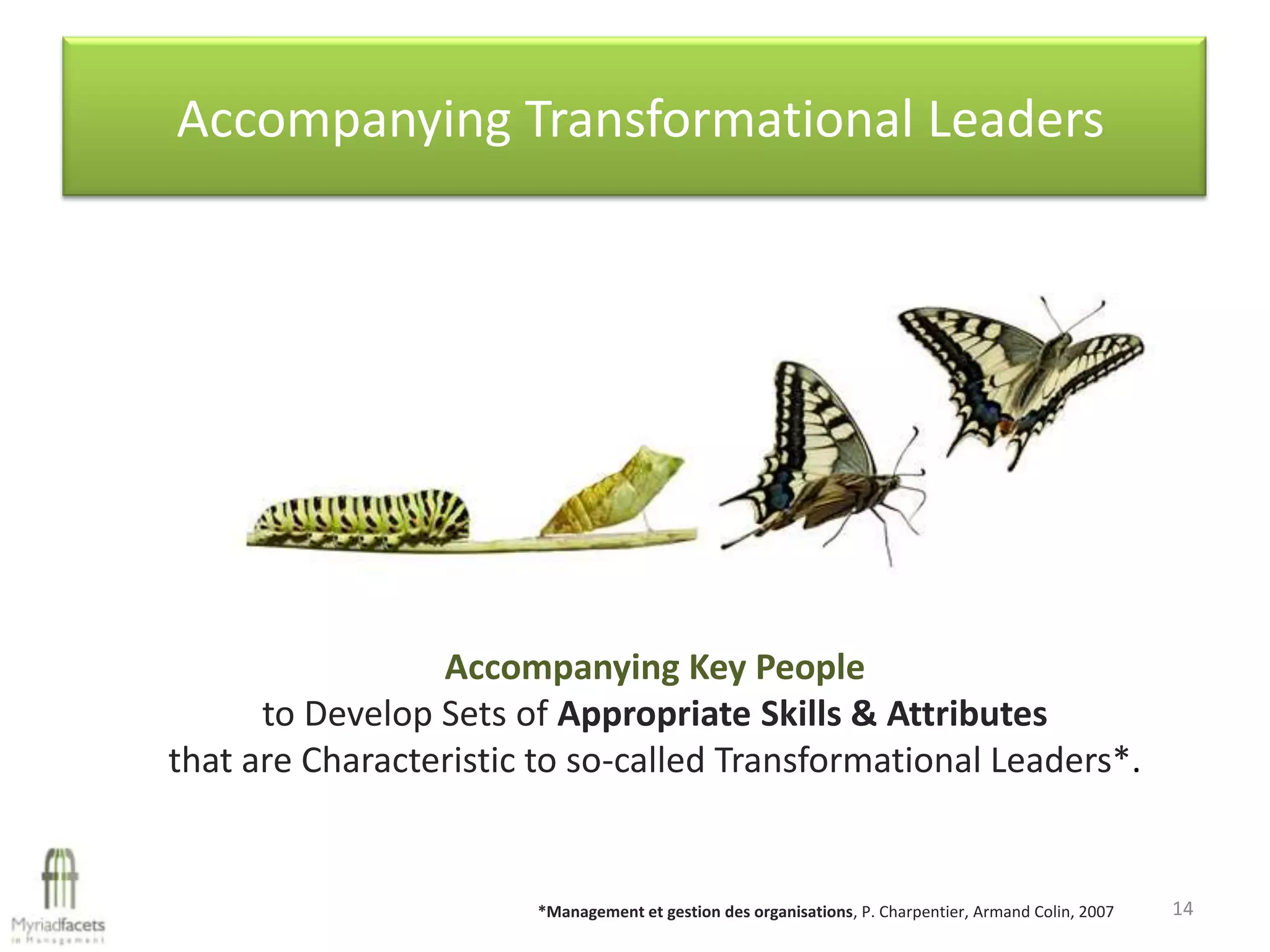 Accompanying Transformational Leaders




                 Accompanying Key People
      to Develop Sets of Appropriate Skills & Attributes
that are Characteristic to so-called Transformational Leaders*.


                       *Management et gestion des organisations, P. Charpentier, Armand Colin, 2007   14
 
