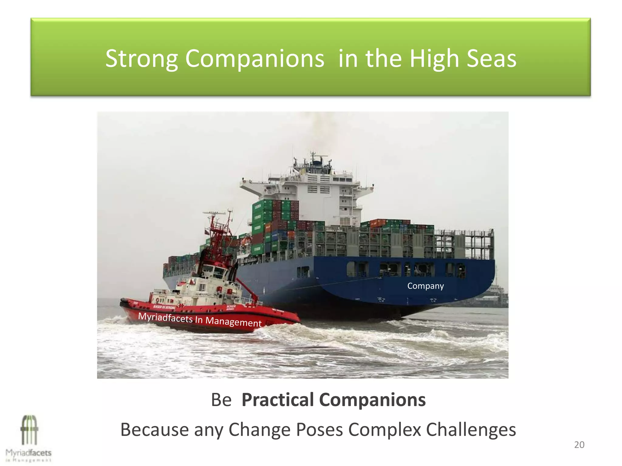 Strong Companions in the High Seas




                                Company




           Be Practical Companions
 Because any Change Poses Complex Challenges
                                               20
 