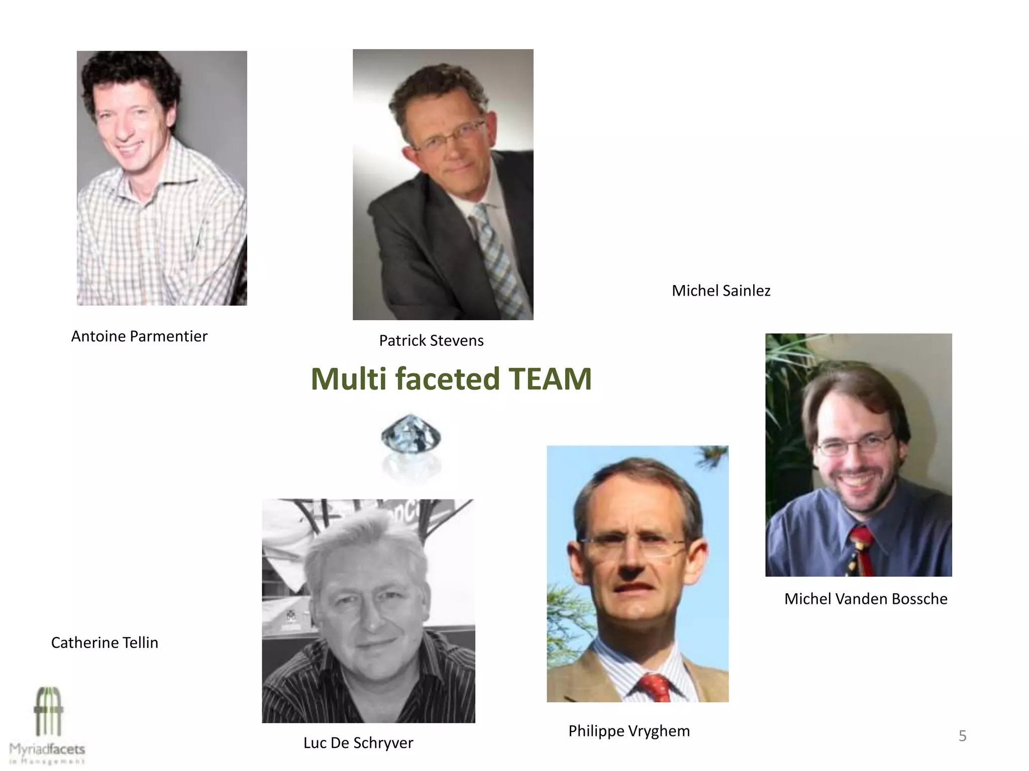 Michel Sainlez

  Antoine Parmentier             Patrick Stevens

                       Multi faceted TEAM




                                                                                 Michel Vanden Bossche

Catherine Tellin




                                                   Philippe Vryghem                                      5
                       Luc De Schryver
 