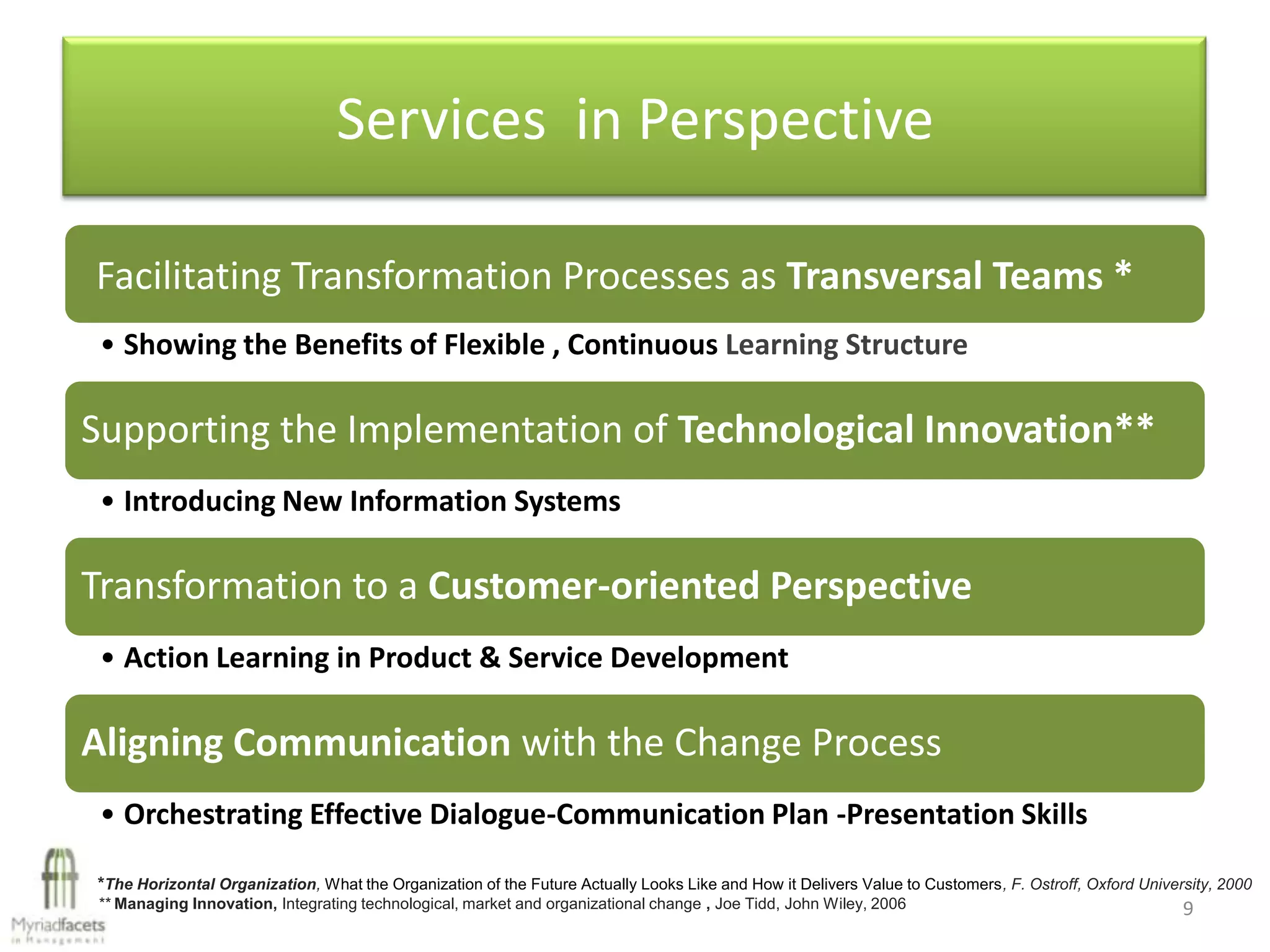 Services in Perspective

Facilitating Transformation Processes as Transversal Teams *
 • Showing the Benefits of Flexible , Continuous Learning Structure

Supporting the Implementation of Technological Innovation**
 • Introducing New Information Systems

Transformation to a Customer-oriented Perspective
 • Action Learning in Product & Service Development

Aligning Communication with the Change Process
 • Orchestrating Effective Dialogue-Communication Plan -Presentation Skills

*The Horizontal Organization, What the Organization of the Future Actually Looks Like and How it Delivers Value to Customers, F. Ostroff, Oxford University, 2000
** Managing Innovation, Integrating technological, market and organizational change , Joe Tidd, John Wiley, 2006                                       9
 