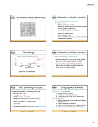 3/8/2012
5
It’s all about words and concepts
MTM LinguaSoft, © 2012 * www.mtmlinguasoft.com
Best writing practices for translation
Think about terminology management
Samples to consider:
1. Different terms, same concept:
• defect report, problem report, incident report, fault report
• filler cap fill cap and radiator cap
MTM LinguaSoft, © 2012 * www.mtmlinguasoft.com
• filler cap, fill cap and radiator cap
• term in UI does not match term in Help
2. Same term, different concept
• stock: inventory or shares
• default: value in the absence of a user selection or failure
to make required payments
Terminology
Error propagation over time from a single error
200
300
400
500
600
rPropagation
1 X 10 documents x 5 products
X 10 languages
= 500 errors
MTM LinguaSoft, © 2012 * www.mtmlinguasoft.com
0
100
200
Design Authoring Translation
Stage of document life cycle
Error
1 error X 10 documents x 5 products
= 50 errors
Ignore at your own peril
Think about terminology management
• Implement a glossary and a style guide that will
promote consistency and cultural neutrality
Li t ll bb i ti t h i l
Best writing practices for translation
MTM LinguaSoft, © 2012 * www.mtmlinguasoft.com
• List all acronyms, abbreviations, technical
terms, product names, corporate terms and
other terms not to be translated.
Best authoring practices
Available terminology management tools:
» Across cross Tank
» LogiTerm from Terminotix
» MultiTerm PhraseFinder from SDL Trados
MTM LinguaSoft, © 2012 * www.mtmlinguasoft.com
» MultiTerm, PhraseFinder from SDL Trados
» MultiTrans suite from MultiCorpora
» TermWiki
» Come to Terms from SynTactic www.syn-tactic.com
Language QA software
What does it do? It checks for
1. Correct product terminology
2. Accordance with language standards
3. Correct tagging with proper nesting and attributes
How does it help?
MTM LinguaSoft, © 2012 * www.mtmlinguasoft.com
How does it help?
1. Makes content easier for non-native English speakers
and translators
2. Promote high level of consistency
3. Ensures that content conforms to language standards
4. Makes content suitable for automated translation
 