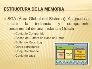 BASE DE DATOS ORACLEEl objetivo general de una base de datos es el de almacenar y recuperar la información relacionada, tiene una estructura lógica y una física. La estructura física de la base de datos es el juego de archivos del sistema operativo en la base de datos. 
