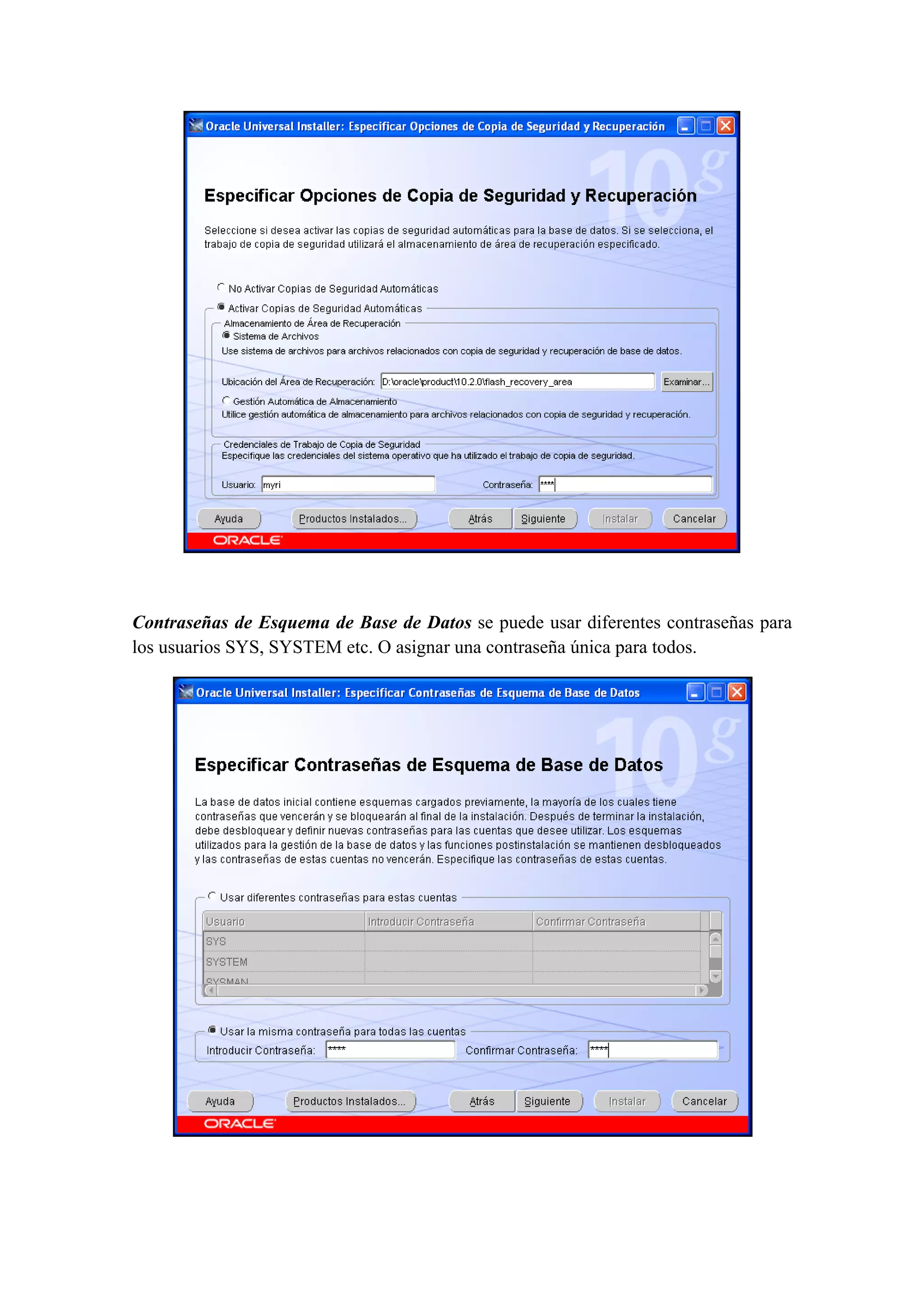  

 

Contraseñas de Esquema de Base de Datos se puede usar diferentes contraseñas para
los usuarios SYS, SYSTEM etc. O asignar una contraseña única para todos.




                                                                               

 
 