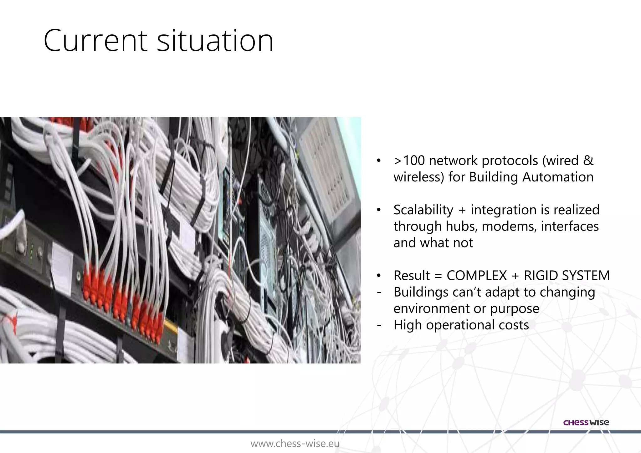 www.chess-wise.eu
Current situation
• >100 network protocols (wired &
wireless) for Building Automation
• Scalability + integration is realized
through hubs, modems, interfaces
and what not
• Result = COMPLEX + RIGID SYSTEM
- Buildings can’t adapt to changing
environment or purpose
- High operational costs
 