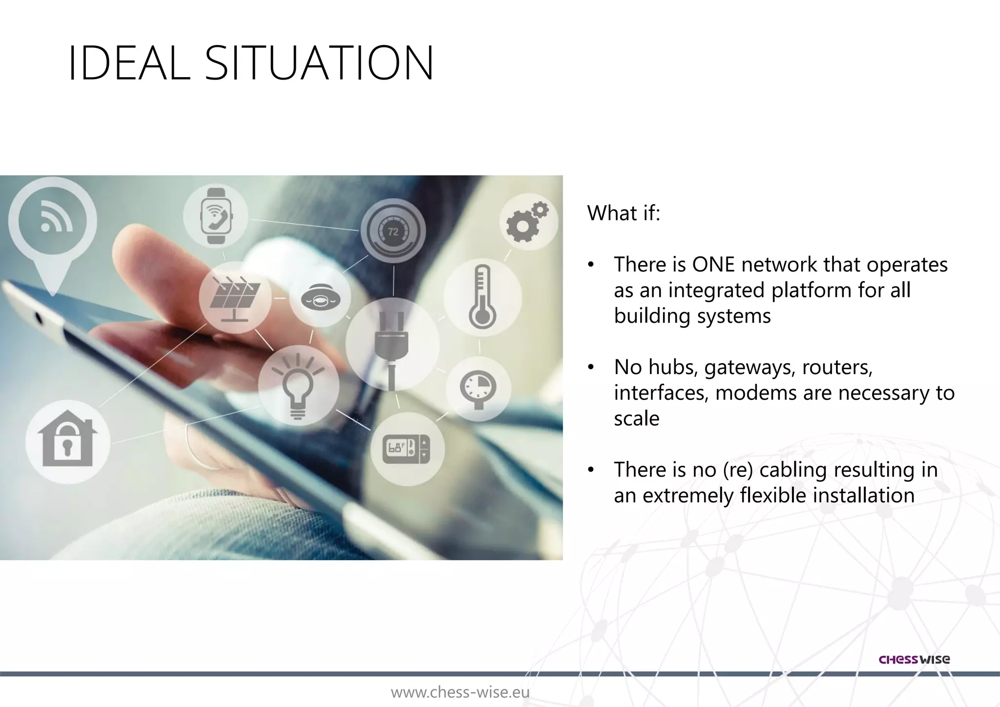 www.chess-wise.eu
IDEAL SITUATION
What if:
• There is ONE network that operates
as an integrated platform for all
building systems
• No hubs, gateways, routers,
interfaces, modems are necessary to
scale
• There is no (re) cabling resulting in
an extremely flexible installation
 