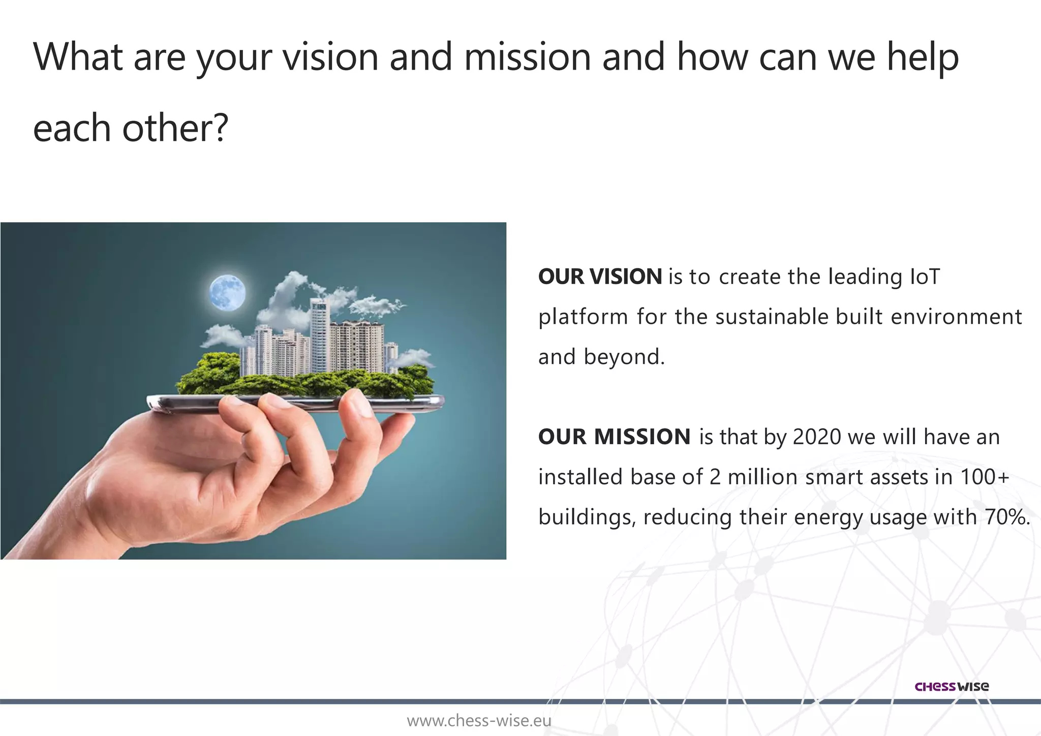 www.chess-wise.eu
OUR VISION is to create the leading IoT
platform for the sustainable built environment
and beyond.
OUR MISSION is that by 2020 we will have an
installed base of 2 million smart assets in 100+
buildings, reducing their energy usage with 70%.
What are your vision and mission and how can we help
each other?
 