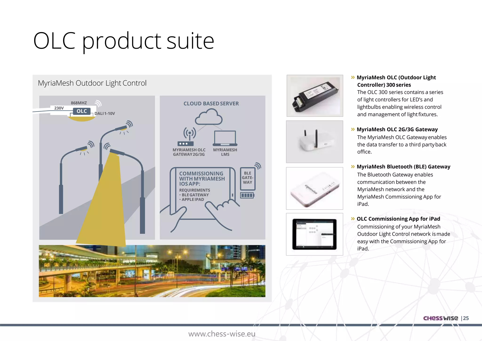 www.chess-wise.eu
BLE
GATE-
WAY
Description: … … … ……
MYRIAMESH OLC
GATEWAY2G/3G
MYRIAMESH
LMS
CLOUD BASEDSERVER
COMMISSIONING
WITH MYRIAMESH
IOSAPP:
REQUIREMENTS
• BLEGATEWAY
• APPLEIPAD
230V
868MHZ
DALI1-10VOLC
OLC product suite
|25
» MyriaMesh OLC (Outdoor Light
Controller) 300 series
The OLC 300 series contains a series
of light controllers for LED’s and
lightbulbs enabling wireless control
and management of lightfixtures.
» MyriaMesh OLC 2G/3G Gateway
The MyriaMesh OLC Gatewayenables
the data transfer to a third partyback
office.
» MyriaMesh Bluetooth (BLE) Gateway
The Bluetooth Gateway enables
communication between the
MyriaMesh network and the
MyriaMesh Commissioning App for
iPad.
» OLC Commissioning App for iPad
Commissioning of your MyriaMesh
Outdoor Light Control network ismade
easy with the Commissioning App for
iPad.
MyriaMesh Outdoor Light Control
 