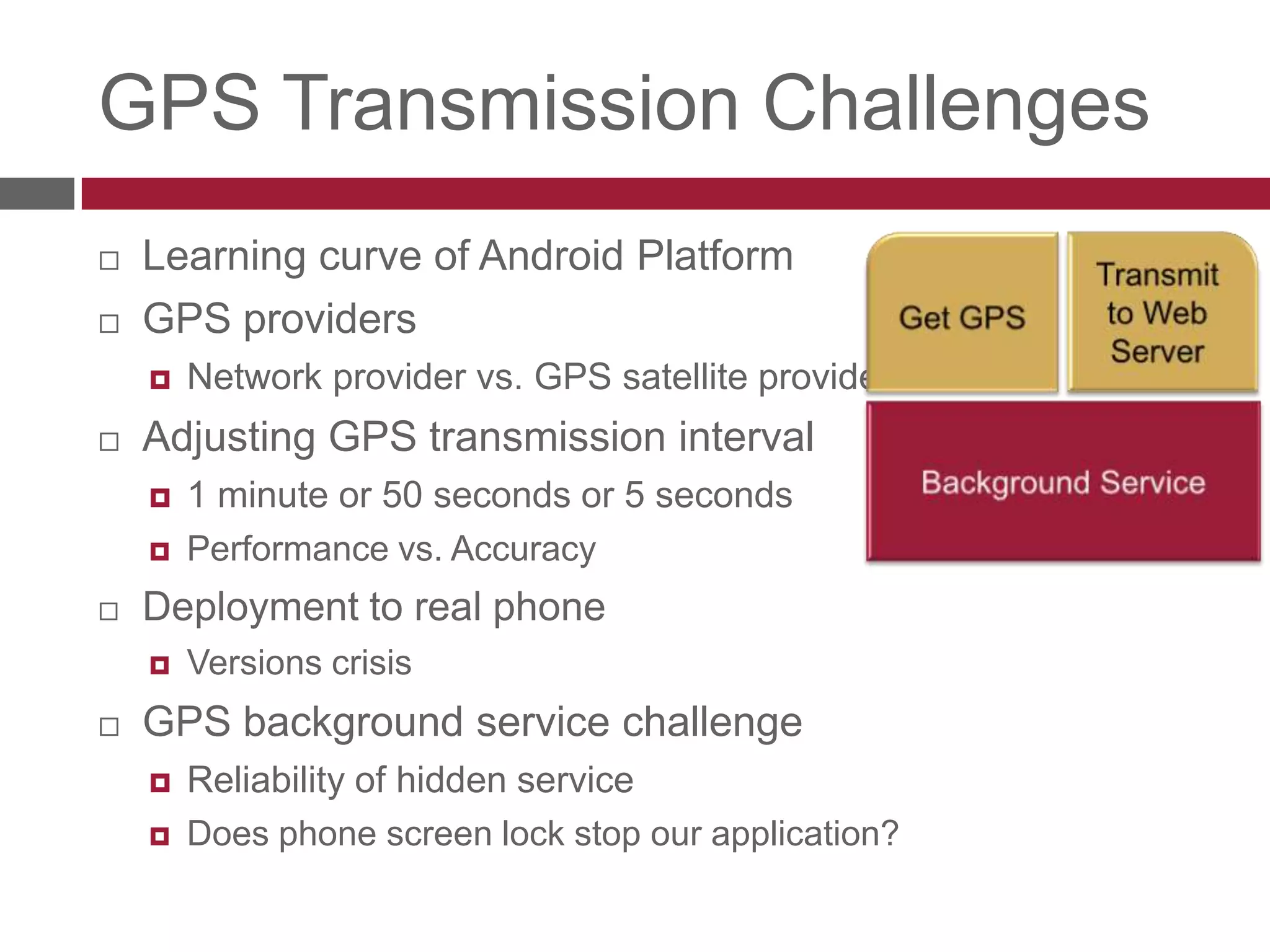 GPS Transmission ChallengesGet GPSLearning curve of Android PlatformGPS providers Network vs. GPS satellite provider Adjusting GPS transmission interval 1 minute or 50 seconds or 5 secondsPerformance vs. AccuracyDeployment to real phone Versions crisisGPS background service challengeReliability of hidden serviceDoes phone screen lock stop our application?Transmit to Web ServerBackground Service