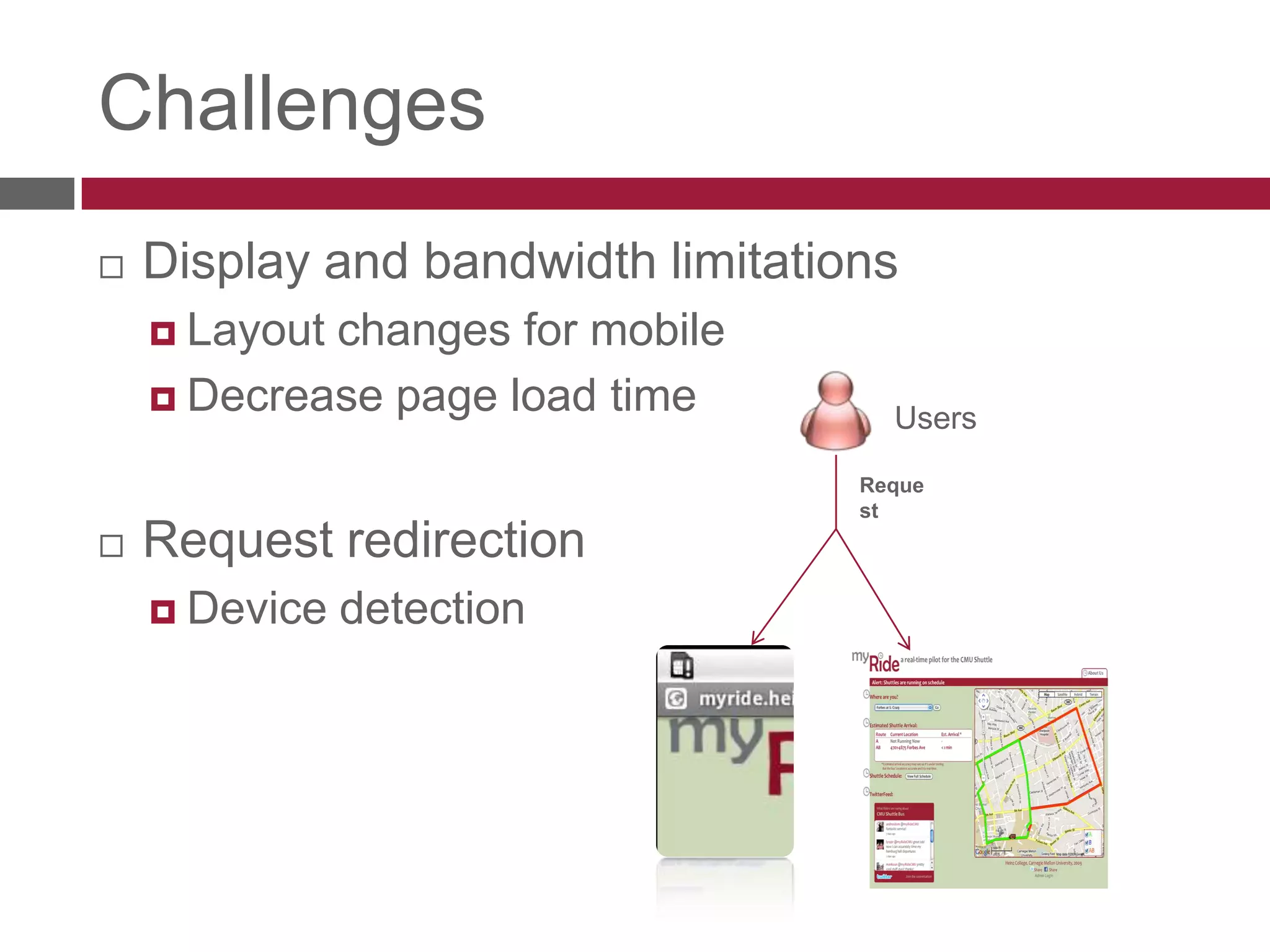 ChallengesDisplay and bandwidth limitationsLayout changes for mobileDecrease page load timeRequest redirectionDevice detectionUsersRequest