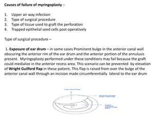 Causes of failure of myringoplasty :-
1. Upper air way infection
2. Type of surgical procedure
3. Type of tissue used to graft the perforation
4. Trapped epithelial seed cells post operatively
Type of surgical procedure –
1. Exposure of ear drum – in some cases Prominent bulge in the anterior canal wall
obscuring the anterior rim of the ear drum and the anterior portion of the annulusis
present. Myringoplasty performed under these conditions may fail because the graft
could medialize in the anterior recess area. This scenario can be prevented by elevation
of Wright Guilford flap in these patient. This flap is raised from over the bulge of the
anterior canal wall through an incision made circumferentially lateral to the ear drum
 