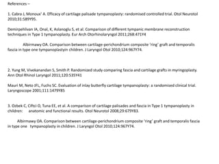 References –
1. Cabra J, Monoux’ A. Efficacy of cartilage palisade tympanoplasty: randomised controlled trial. Otol Neurotol
2010;31:589Y95.
Demirpehlivan IA, Onal, K, Aslanoglu S, et al. Comparison of different tympanic membrane reconstruction
techniques in Type 1 tympanoplasty. Eur Arch Otorhinolaryngol 2011;268:471Y4
Albirmawy OA. Comparison between cartilage-perichondrium composite ‘ring’ graft and temporalis
fascia in type one tympanoplastyin children. J Laryngol Otol 2010;124:967Y74.
2. Yung M, Vivekanandan S, Smith P. Randomized study comparing fascia and cartilage grafts in myringoplasty.
Ann Otol Rhinol Laryngol 2011;120:535Y41
Mauri M, Neto JFL, Fuchs SC. Evaluation of inlay butterfly cartilage tympanoplasty: a randomised clinical trial.
Laryngoscope 2001;111:1479Y85
3. Ozbek C, Ciftci O, Tuna EE, et al. A comparison of cartilage palisades and fascia in Type 1 tympanoplasty in
children: anatomic and functional results. Otol Neurotol 2008;29:679Y83.
Albirmawy OA. Comparison between cartilage-perichondrium composite ‘ring’ graft and temporalis fascia
in type one tympanoplasty in children. J Laryngol Otol 2010;124:967Y74.
 