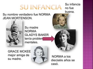 Su nombre verdadero fue NORMA
JEAN MORTENSON.
Su infancia
no fue
buena.
Su madre
NORMA
GLADYS BAKER
tenía problemas
mentales.
GRACE MCKEE
mejor amiga de
su madre.
NORMA a los
dieciséis años se
casó.
 