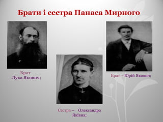 Брати і сестра Панаса Мирного
Брат - Юрій Якович;
Сестра – Олександра
Яківна;
 