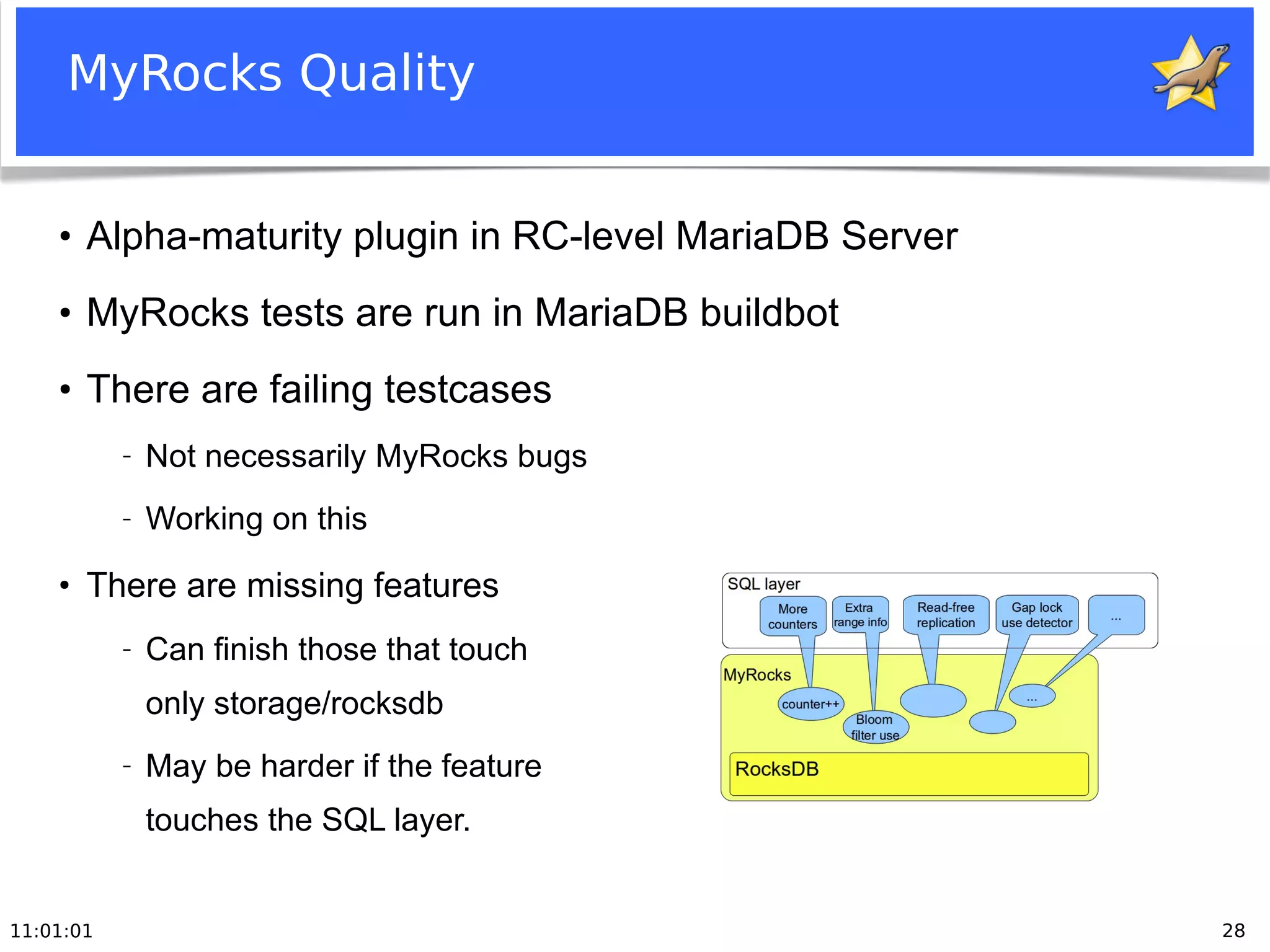 11:01:01 28
MyRocks Quality
●
Alpha-maturity plugin in RC-level MariaDB Server
●
MyRocks tests are run in MariaDB buildbot
●
There are failing testcases
− Not necessarily MyRocks bugs
− Working on this
●
There are missing features
− Can finish those that touch
only storage/rocksdb
− May be harder if the feature
touches the SQL layer.
 