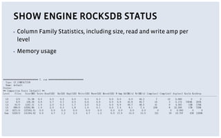 SHOW ENGINE ROCKSDB STATUS
▪ Column Family Statistics, including size, read and write amp per
level
▪ Memory usage
*************************** 7. row ***************************
Type: CF_COMPACTION
Name: default
Status:
** Compaction Stats [default] **
Level Files Size(MB) Score Read(GB) Rn(GB) Rnp1(GB) Write(GB) Wnew(GB) Moved(GB) W-Amp Rd(MB/s) Wr(MB/s) Comp(sec) Comp(cnt) Avg(sec) KeyIn KeyDrop
---------------------------------------------------------------------------------------------------------------------------------------------------------------------
L0 2/0 51.58 0.5 0.0 0.0 0.0 0.3 0.3 0.0 0.0 0.0 40.3 7 10 0.669 0 0
L3 6/0 109.36 0.9 0.7 0.7 0.0 0.6 0.6 0.0 0.9 43.8 40.7 16 3 5.172 7494K 297K
L4 61/0 1247.31 1.0 2.0 0.3 1.7 2.0 0.2 0.0 6.9 49.7 48.5 41 9 4.593 15M 176K
L5 989/0 12592.86 1.0 2.0 0.3 1.8 1.9 0.1 0.0 7.4 8.1 7.4 258 8 32.209 17M 726K
L6 4271/0 127363.51 0.0 0.0 0.0 0.0 0.0 0.0 0.0 0.0 0.0 0.0 0 0 0.000 0 0
Sum 5329/0 141364.62 0.0 4.7 1.2 3.5 4.7 1.2 0.0 17.9 15.0 15.0 321 30 10.707 41M 1200K
 