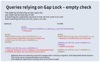 Queries relying on Gap Lock – empty check
link table has primary key on (id1, type, id2)
user table has primary key on (id)
If matching (id1, type) does not exist in link, set link_exist=0 on user
After inserting into link, set link_exist=1 on user
BEGIN;
INSERT INTO link (id1, type, id2) VALUES (2, 2, 3);
=> Not blocked in MyRocks, because of no Gap Lock
UPDATE user SET link_exist=1 WHERE id=2;
COMMIT;
BEGIN;
SELECT * FROM link WHERE id1=2 AND type=2 LOCK IN SHARE MODE;
=> Empty Set
UPDATE user SET link_exist=0 WHERE id=2;
=> Getting “Deadlock” error in MyRocks, with Repeatable Read
(if UPDATE was done, the row became inconsistent)
MyRocks:
BEGIN;
INSERT INTO link (id1, type, id2) VALUES (2, 2, 3);
=> Blocked in InnoDB, because of Gap Lock
UPDATE user SET link_exist=1 WHERE id=2;
COMMIT;
UPDATE user SET link_exist=0 WHERE id=2;
COMMIT;
=> INSERT proceeded
InnoDB:
- MyRocks does not implicitly overwrite changes after creating a snapshot, with Repeatable Read isolation.
This rarely causes unexpected data inconsistency
- With MyRocks, applications will get more errors than InnoDB
 