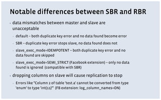 Notable differences between SBR and RBR
▪ data mismatches between master and slave are
unacceptable
▪ default -- both duplicate key error and no data found become error
▪ SBR -- duplicate key error stops slave, no data found does not
▪ slave_exec_mode=IDEMPOTENT -- both duplicate key error and no
data found are skipped
▪ slave_exec_mode=SEMI_STRICT (Facebook extension) -- only no data
found is ignored (compatible with SBR)
▪ dropping columns on slave will cause replication to stop
▪ Errors like "Column 2 of table 'test.a' cannot be converted from type
'enum' to type 'int(11)'" (FB extension: log_column_names=ON)
 