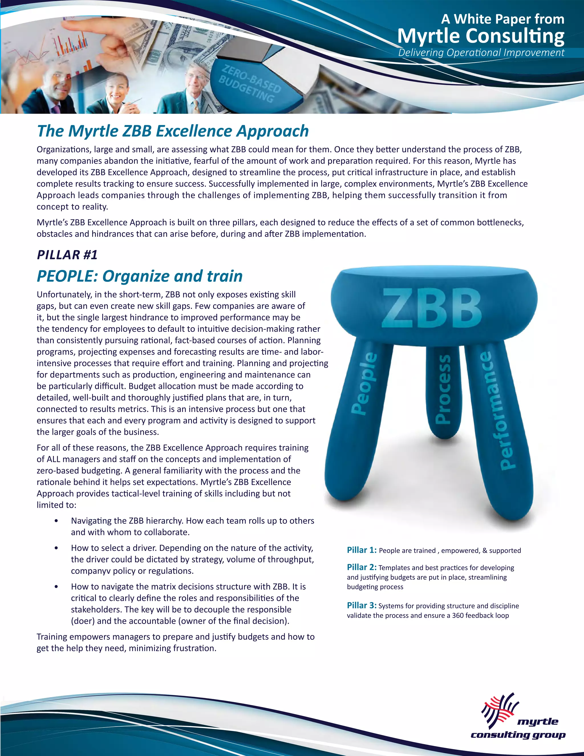 A White Paper from
Myrtle Consulting
Delivering Operational Improvement
The Myrtle ZBB Excellence Approach
Organizations, large and small, are assessing what ZBB could mean for them. Once they better understand the process of ZBB,
many companies abandon the initiative, fearful of the amount of work and preparation required. For this reason, Myrtle has
developed its ZBB Excellence Approach, designed to streamline the process, put critical infrastructure in place, and establish
complete results tracking to ensure success. Successfully implemented in large, complex environments, Myrtle’s ZBB Excellence
Approach leads companies through the challenges of implementing ZBB, helping them successfully transition it from
concept to reality.
Myrtle’s ZBB Excellence Approach is built on three pillars, each designed to reduce the effects of a set of common bottlenecks,
obstacles and hindrances that can arise before, during and after ZBB implementation.
PILLAR #1
PEOPLE: Organize and train
Unfortunately, in the short-term, ZBB not only exposes existing skill
gaps, but can even create new skill gaps. Few companies are aware of
it, but the single largest hindrance to improved performance may be
the tendency for employees to default to intuitive decision-making rather
than consistently pursuing rational, fact-based courses of action. Planning
programs, projecting expenses and forecasting results are time- and labor-
intensive processes that require effort and training. Planning and projecting
for departments such as production, engineering and maintenance can
be particularly difficult. Budget allocation must be made according to
detailed, well-built and thoroughly justified plans that are, in turn,
connected to results metrics. This is an intensive process but one that
ensures that each and every program and activity is designed to support
the larger goals of the business.
For all of these reasons, the ZBB Excellence Approach requires training
of ALL managers and staff on the concepts and implementation of
zero-based budgeting. A general familiarity with the process and the
rationale behind it helps set expectations. Myrtle’s ZBB Excellence
Approach provides tactical-level training of skills including but not
limited to:
•	 Navigating the ZBB hierarchy. How each team rolls up to others
and with whom to collaborate.
•	 How to select a driver. Depending on the nature of the activity,
the driver could be dictated by strategy, volume of throughput,
companyv policy or regulations.
•	 How to navigate the matrix decisions structure with ZBB. It is
critical to clearly define the roles and responsibilities of the
stakeholders. The key will be to decouple the responsible
(doer) and the accountable (owner of the final decision).
Training empowers managers to prepare and justify budgets and how to
get the help they need, minimizing frustration.
Pillar 1: People are trained , empowered, & supported
Pillar 2: Templates and best practices for developing
and justifying budgets are put in place, streamlining
budgeting process
Pillar 3: Systems for providing structure and discipline
validate the process and ensure a 360 feedback loop
 