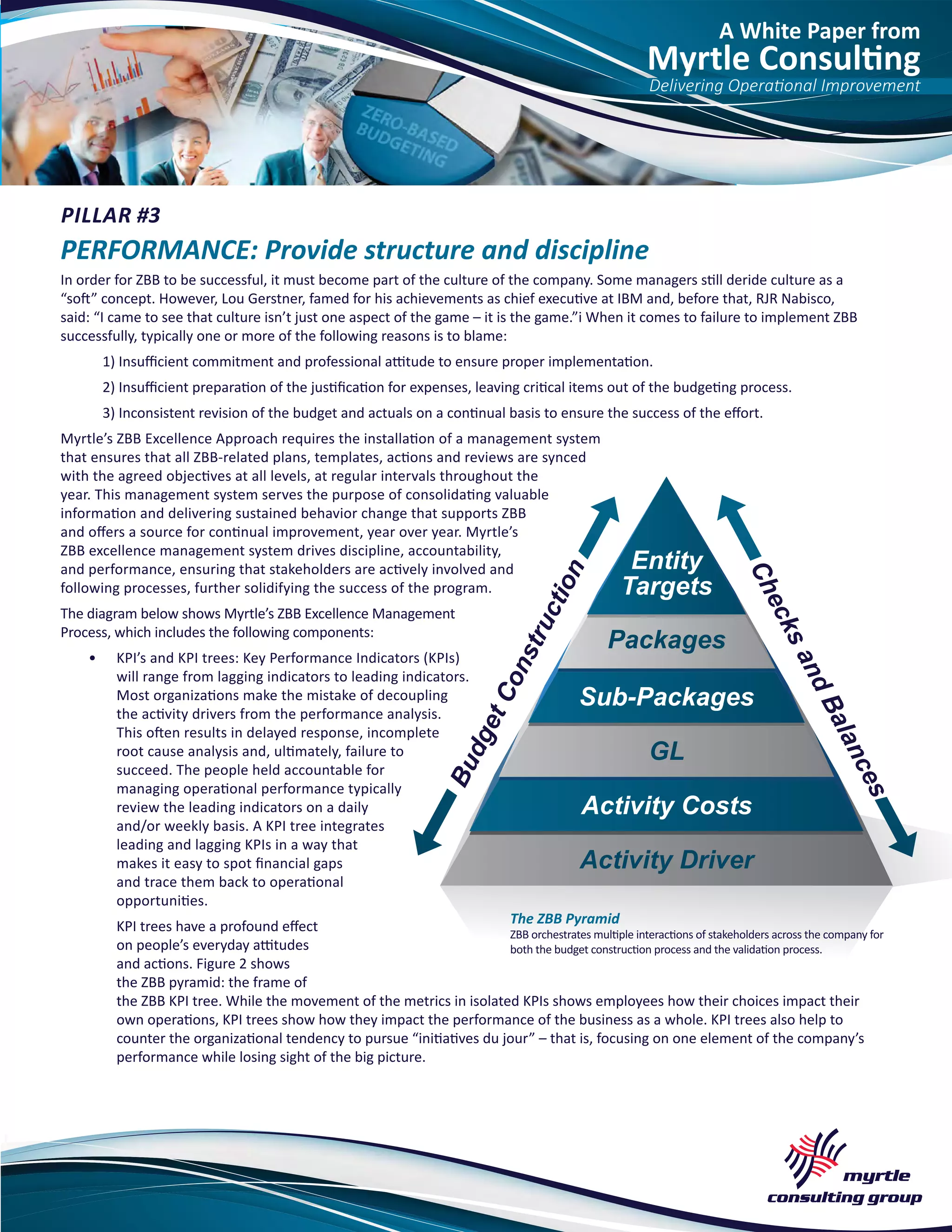 A White Paper from
Myrtle Consulting
Delivering Operational Improvement
PILLAR #3
PERFORMANCE: Provide structure and discipline
In order for ZBB to be successful, it must become part of the culture of the company. Some managers still deride culture as a
“soft” concept. However, Lou Gerstner, famed for his achievements as chief executive at IBM and, before that, RJR Nabisco,
said: “I came to see that culture isn’t just one aspect of the game – it is the game.”i When it comes to failure to implement ZBB
successfully, typically one or more of the following reasons is to blame:
1) Insufficient commitment and professional attitude to ensure proper implementation.
2) Insufficient preparation of the justification for expenses, leaving critical items out of the budgeting process.
3) Inconsistent revision of the budget and actuals on a continual basis to ensure the success of the effort.
Myrtle’s ZBB Excellence Approach requires the installation of a management system
that ensures that all ZBB-related plans, templates, actions and reviews are synced
with the agreed objectives at all levels, at regular intervals throughout the
year. This management system serves the purpose of consolidating valuable
information and delivering sustained behavior change that supports ZBB
and offers a source for continual improvement, year over year. Myrtle’s
ZBB excellence management system drives discipline, accountability,
and performance, ensuring that stakeholders are actively involved and
following processes, further solidifying the success of the program.
The diagram below shows Myrtle’s ZBB Excellence Management
Process, which includes the following components:
•	 KPI’s and KPI trees: Key Performance Indicators (KPIs)
will range from lagging indicators to leading indicators.
Most organizations make the mistake of decoupling
the activity drivers from the performance analysis.
This often results in delayed response, incomplete
root cause analysis and, ultimately, failure to
succeed. The people held accountable for
managing operational performance typically
review the leading indicators on a daily
and/or weekly basis. A KPI tree integrates
leading and lagging KPIs in a way that
makes it easy to spot financial gaps
and trace them back to operational
opportunities.
KPI trees have a profound effect
on people’s everyday attitudes
and actions. Figure 2 shows
the ZBB pyramid: the frame of
the ZBB KPI tree. While the movement of the metrics in isolated KPIs shows employees how their choices impact their
own operations, KPI trees show how they impact the performance of the business as a whole. KPI trees also help to
counter the organizational tendency to pursue “initiatives du jour” – that is, focusing on one element of the company’s
performance while losing sight of the big picture.
The ZBB Pyramid
ZBB orchestrates multiple interactions of stakeholders across the company for
both the budget construction process and the validation process.
 