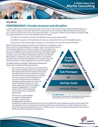 A White Paper from
Myrtle Consulting
Delivering Operational Improvement
PILLAR #3
PERFORMANCE: Provide structure and discipline
In order for ZBB to be successful, it must become part of the culture of the company. Some managers still deride culture as a
“soft” concept. However, Lou Gerstner, famed for his achievements as chief executive at IBM and, before that, RJR Nabisco,
said: “I came to see that culture isn’t just one aspect of the game – it is the game.”i When it comes to failure to implement ZBB
successfully, typically one or more of the following reasons is to blame:
1) Insufficient commitment and professional attitude to ensure proper implementation.
2) Insufficient preparation of the justification for expenses, leaving critical items out of the budgeting process.
3) Inconsistent revision of the budget and actuals on a continual basis to ensure the success of the effort.
Myrtle’s ZBB Excellence Approach requires the installation of a management system
that ensures that all ZBB-related plans, templates, actions and reviews are synced
with the agreed objectives at all levels, at regular intervals throughout the
year. This management system serves the purpose of consolidating valuable
information and delivering sustained behavior change that supports ZBB
and offers a source for continual improvement, year over year. Myrtle’s
ZBB excellence management system drives discipline, accountability,
and performance, ensuring that stakeholders are actively involved and
following processes, further solidifying the success of the program.
The diagram below shows Myrtle’s ZBB Excellence Management
Process, which includes the following components:
•	 KPI’s and KPI trees: Key Performance Indicators (KPIs)
will range from lagging indicators to leading indicators.
Most organizations make the mistake of decoupling
the activity drivers from the performance analysis.
This often results in delayed response, incomplete
root cause analysis and, ultimately, failure to
succeed. The people held accountable for
managing operational performance typically
review the leading indicators on a daily
and/or weekly basis. A KPI tree integrates
leading and lagging KPIs in a way that
makes it easy to spot financial gaps
and trace them back to operational
opportunities.
KPI trees have a profound effect
on people’s everyday attitudes
and actions. Figure 2 shows
the ZBB pyramid: the frame of
the ZBB KPI tree. While the movement of the metrics in isolated KPIs shows employees how their choices impact their
own operations, KPI trees show how they impact the performance of the business as a whole. KPI trees also help to
counter the organizational tendency to pursue “initiatives du jour” – that is, focusing on one element of the company’s
performance while losing sight of the big picture.
The ZBB Pyramid
ZBB orchestrates multiple interactions of stakeholders across the company for
both the budget construction process and the validation process.
 