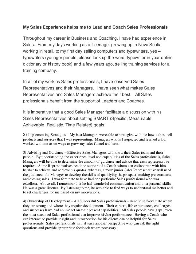 my sales experience helps me to lead and coach sales professionals what is retail sales experience