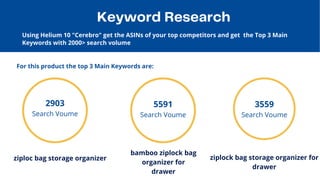 Keyword Research
Using Helium 10 "Cerebro" get the ASINs of your top competitors and get the Top 3 Main

Keywords with 2000> search volume
For this product the top 3 Main Keywords are:
ziploc bag storage organizer
bamboo ziplock bag

organizer for

drawer
ziplock bag storage organizer for

drawer
2903
Search Voume
5591
Search Voume
3559
Search Voume
 