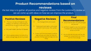 Product Recommendations based on

reviews
the last step is to gather all positive and negative reviews from the customer's review so

we can come up with ideas on how we can improve the product.
Positive Reviews
Final

Recommendations
Negative Reviews
The box is sturdy and hinged for easy

loading. I can still have a roll of wrap on

top of the box, so space is well used. I love

it!
Very well made!! Like that it’s labeled
this is a great product no more of my

plastic storage bags all over my drawer
Not Packaged Well, came broken
Engraving of words light in some areas

and dark in some areas. Poor quality!
It does not fit into the drawer as well the

bags just pop up its does not solve the

purpose of being organized bags look very

messy
will inform supplier to pay more attention

to details such as the engravement of

words on the item
be accurate with the sizes and can also

enlarge the compartments by 1-2 inch

room for more storage
ensure that the items are well packaged

and secured
 