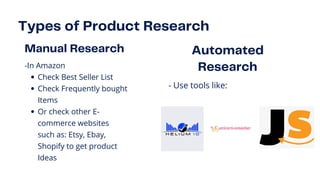 Manual Research
Check Best Seller List
Check Frequently bought
Items
Or check other E-
commerce websites
such as: Etsy, Ebay,
Shopify to get product
Ideas
-In Amazon
Automated

Research
- Use tools like:
Types of Product Research
 