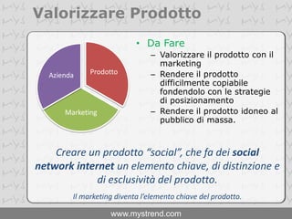 Valorizzare ProdottoDa FareValorizzare il prodotto con il marketingRendere il prodotto difficilmente copiabile fondendolo con le strategie di posizionamentoRendere il prodotto idoneo al pubblico di massa. Creare un prodotto “social”, che fa dei social network internet un elemento chiave, di distinzione e di esclusività del prodotto. Il marketing diventa l’elemento chiave del prodotto. 