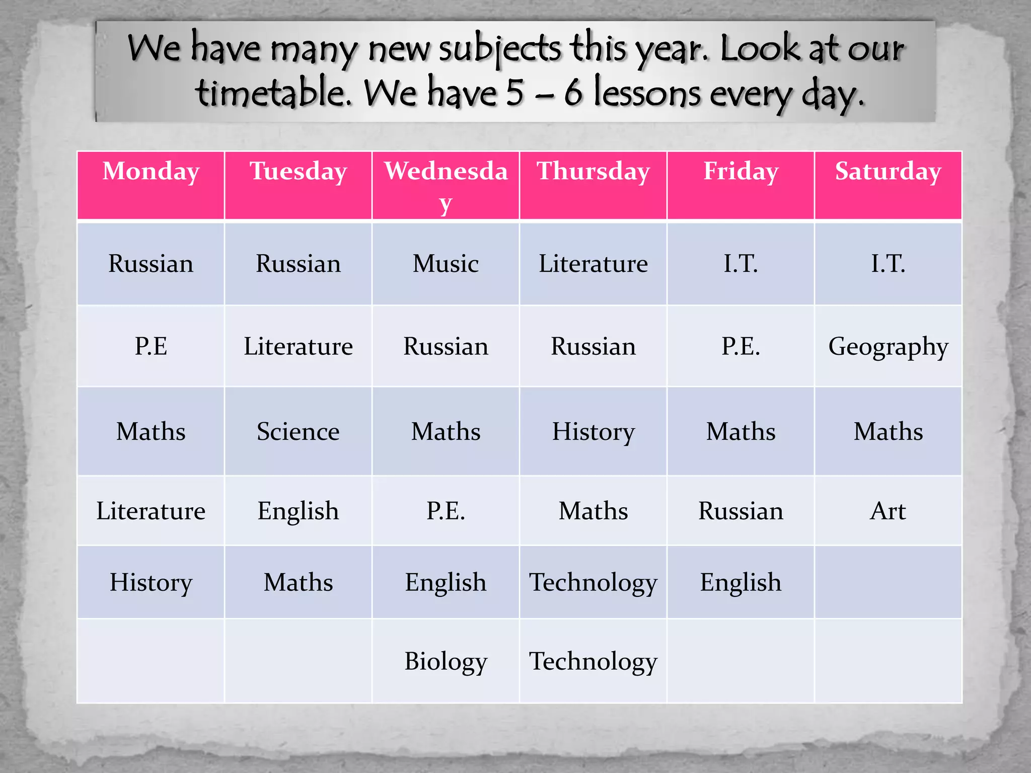 Monday Tuesday Wednesda
y
Thursday Friday Saturday
Russian Russian Music Literature I.T. I.T.
P.E Literature Russian Russian P.E. Geography
Maths Science Maths History Maths Maths
Literature English P.E. Maths Russian Art
History Maths English Technology English
Biology Technology
We have many new subjects this year. Look at our
timetable. We have 5 – 6 lessons every day.
 
