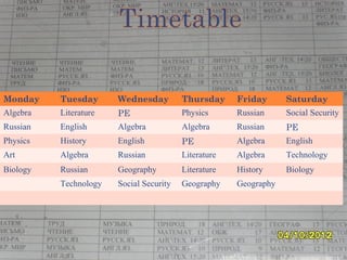 Monday Tuesday Wednesday Thursday Friday Saturday
Algebra Literature PE Physics Russian Social Security
Russian English Algebra Algebra Russian PE
Physics History English PE Algebra English
Art Algebra Russian Literature Algebra Technology
Biology Russian Geography Literature History Biology
Technology Social Security Geography Geography
 