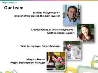 Our team
Creative Group of Olena Yelnykovoya -
Methodological support
Yaroslav Maxymovych –
Initiator of the project, the main investor
Taras Yurchyshyn - Project Manager
Maryana Daniv -
Project Development Manager
 