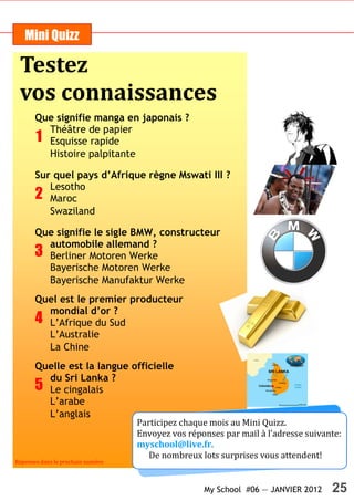 Mini Quizz

 Testez
 vos connaissances
       Que signifie manga en japonais ?
         Théâtre de papier
       1 Esquisse rapide
         Histoire palpitante

       Sur quel pays d’Afrique règne Mswati III ?
          Lesotho
       2 Maroc
          Swaziland

       Que signifie le sigle BMW, constructeur
         automobile allemand ?
       3 Berliner Motoren Werke
         Bayerische Motoren Werke
         Bayerische Manufaktur Werke
       Quel est le premier producteur
         mondial d’or ?
       4 L’Afrique du Sud
         L’Australie
         La Chine
       Quelle est la langue officielle
         du Sri Lanka ?
       5 Le cingalais
         L’arabe
         L’anglais
                                   Participez chaque mois au Mini Quizz.
                                   Envoyez vos réponses par mail à l’adresse suivante:
                                   myschool@live.fr.
                                      De nombreux lots surprises vous attendent!
Réponses dans le prochain numéro



                                                   My School #06 — JANVIER 2012    25
 