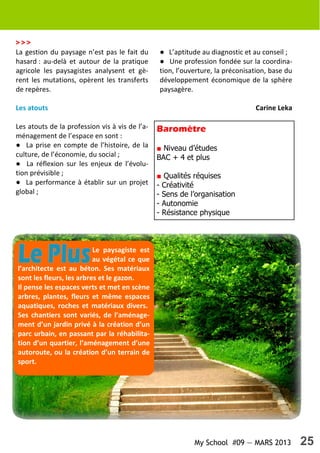 My School #09 — MARS 2013 25
La gestion du paysage n’est pas le fait du
hasard : au-delà et autour de la pratique
agricole les paysagistes analysent et gè-
rent les mutations, opèrent les transferts
de repères.
Les atouts
Les atouts de la profession vis à vis de l’a-
ménagement de l’espace en sont :
● La prise en compte de l’histoire, de la
culture, de l’économie, du social ;
● La réflexion sur les enjeux de l’évolu-
tion prévisible ;
● La performance à établir sur un projet
global ;
● L’aptitude au diagnostic et au conseil ;
● Une profession fondée sur la coordina-
tion, l’ouverture, la préconisation, base du
développement économique de la sphère
paysagère.
Carine Leka
>>>
Baromètre
■ Niveau d’études
BAC + 4 et plus
■ Qualités réquises
- Créativité
- Sens de l’organisation
- Autonomie
- Résistance physique
Le paysagiste est
au végétal ce que
l’architecte est au béton. Ses matériaux
sont les fleurs, les arbres et le gazon.
Il pense les espaces verts et met en scène
arbres, plantes, fleurs et même espaces
aquatiques, roches et matériaux divers.
Ses chantiers sont variés, de l’aménage-
ment d’un jardin privé à la création d’un
parc urbain, en passant par la réhabilita-
tion d’un quartier, l’aménagement d’une
autoroute, ou la création d’un terrain de
sport.
 