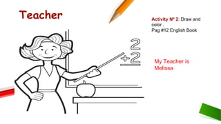 Teacher Activity Nº 2: Draw and
color .
Pag #12 English Book
My Teacher is
Melissa
 
