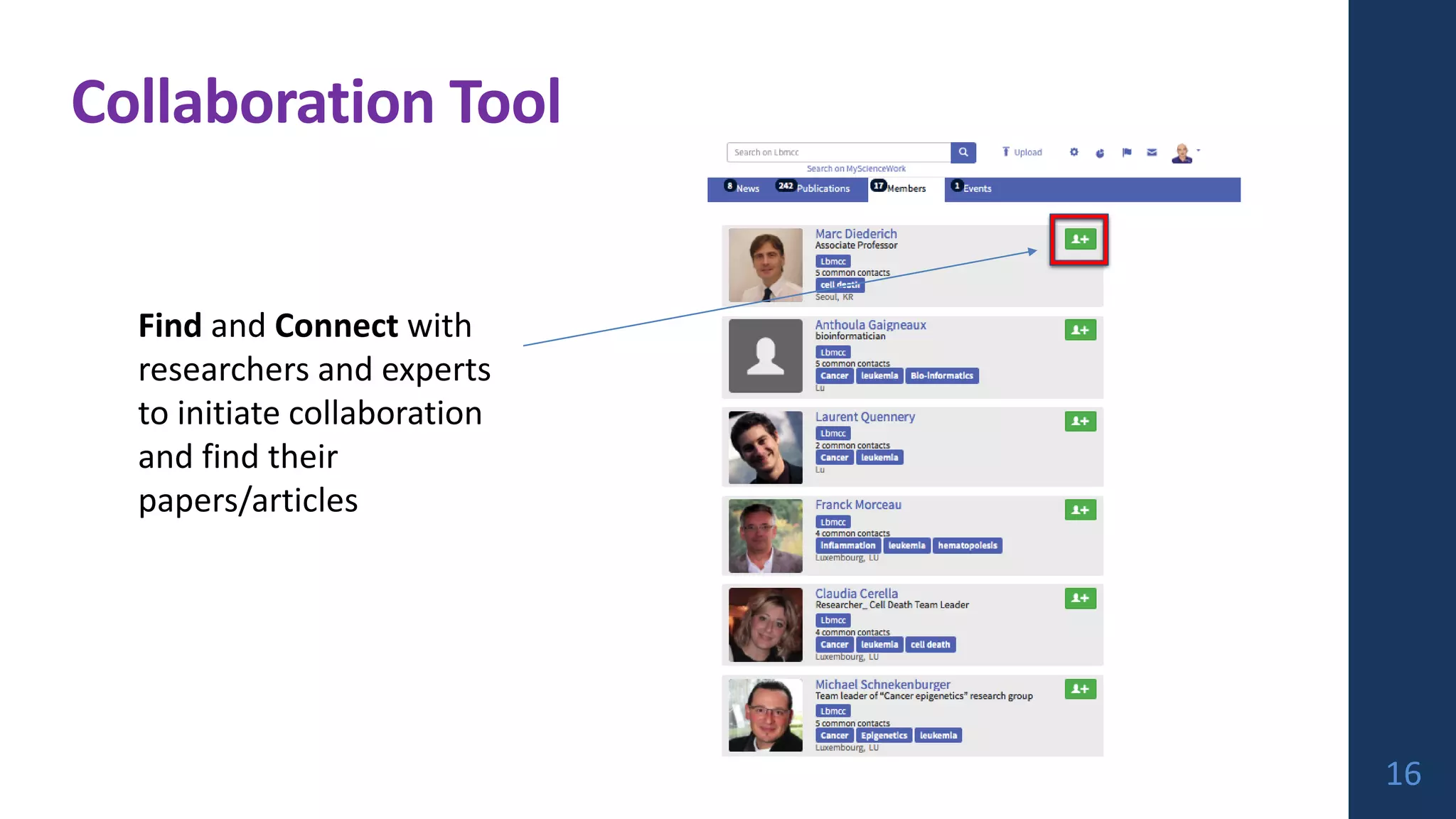 Collaboration Tool
Find and Connect with
researchers and experts
to initiate collaboration
and find their
papers/articles
16
 