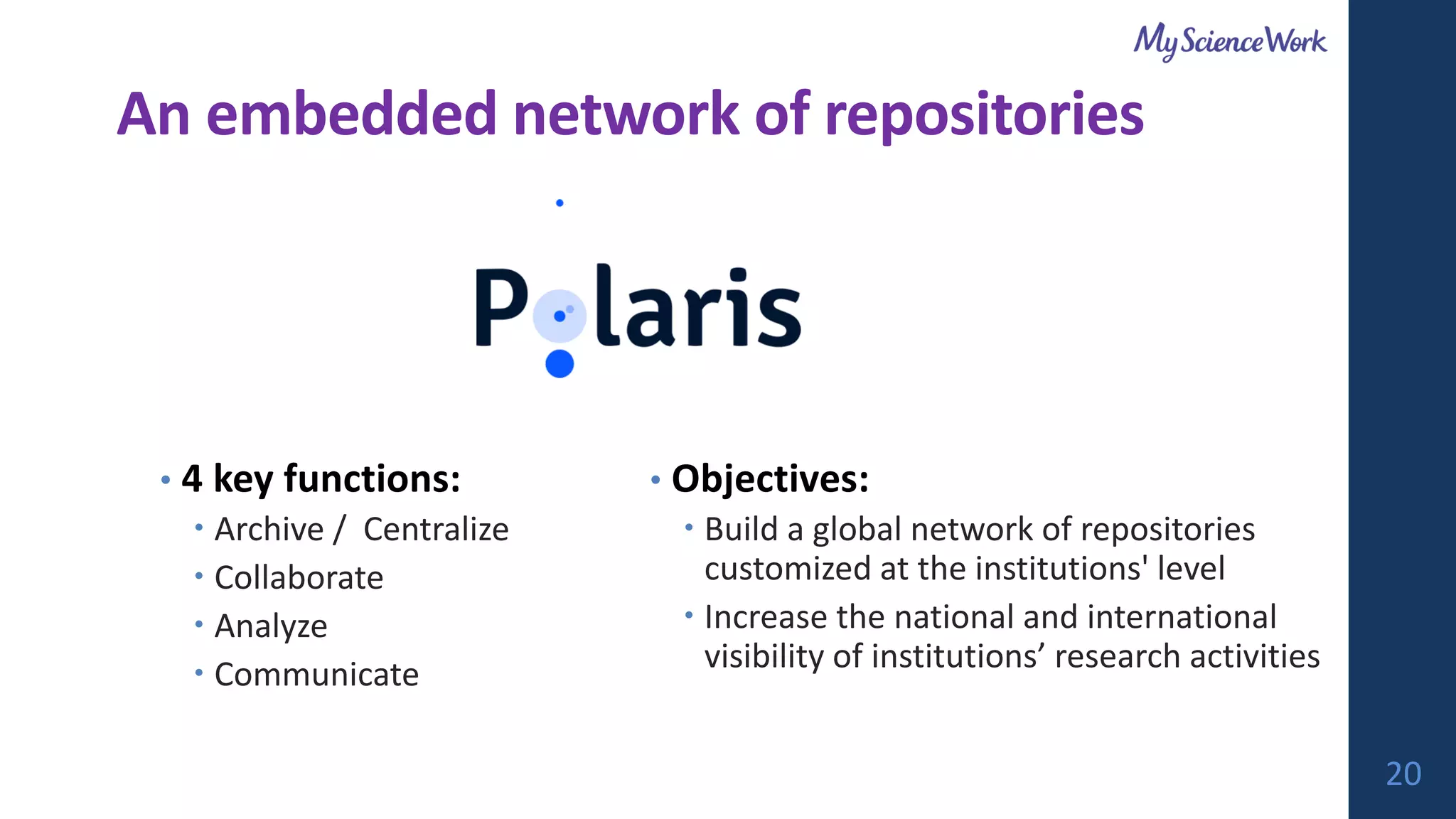 An embedded network of repositories
• 4 key functions:
 Archive / Centralize
 Collaborate
 Analyze
 Communicate
• Objectives:
 Build a global network of repositories
customized at the institutions' level
 Increase the national and international
visibility of institutions’ research activities
20
 