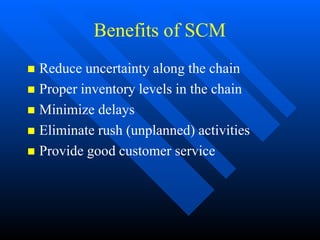 Benefits of SCM
 Reduce uncertainty along the chain
 Proper inventory levels in the chain
 Minimize delays
 Eliminate rush (unplanned) activities
 Provide good customer service
 