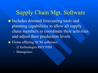 Supply Chain Mgt. Software
 Includes demand forecasting tools and
planning capabilities to allow all supply
chain members to coordinate their activities
and adjust their production levels
 Firms offering SCM software:
– i2 Technologies RHYTHM
– Manugistics
 
