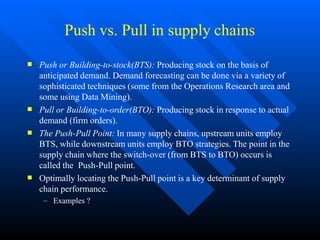Push vs. Pull in supply chains




Push or Building-to-stock(BTS): Producing stock on the basis of
anticipated demand. Demand forecasting can be done via a variety of
sophisticated techniques (some from the Operations Research area and
some using Data Mining).
Pull or Building-to-order(BTO): Producing stock in response to actual
demand (firm orders).
The Push-Pull Point: In many supply chains, upstream units employ
BTS, while downstream units employ BTO strategies. The point in the
supply chain where the switch-over (from BTS to BTO) occurs is
called the Push-Pull point.
Optimally locating the Push-Pull point is a key determinant of supply
chain performance.
– Examples ?
 