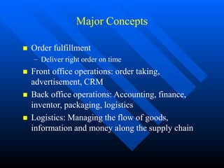 Major Concepts
 Order fulfillment
– Deliver right order on time
 Front office operations: order taking,
advertisement, CRM
 Back office operations: Accounting, finance,
inventor, packaging, logistics
 Logistics: Managing the flow of goods,
information and money along the supply chain
 