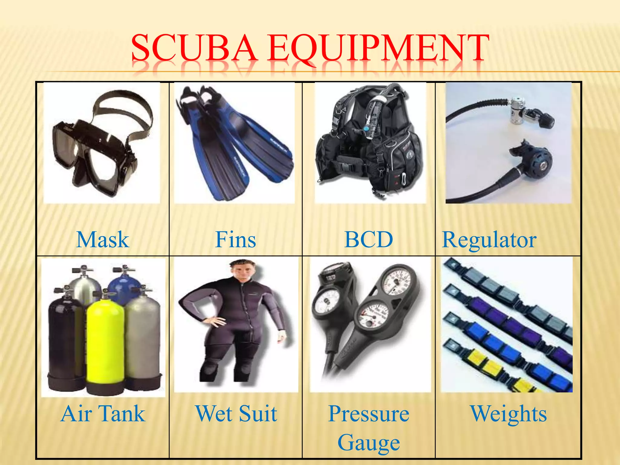 SCUBA EQUIPMENT
Mask Fins BCD Regulator
Air Tank Wet Suit Pressure
Gauge
Weights